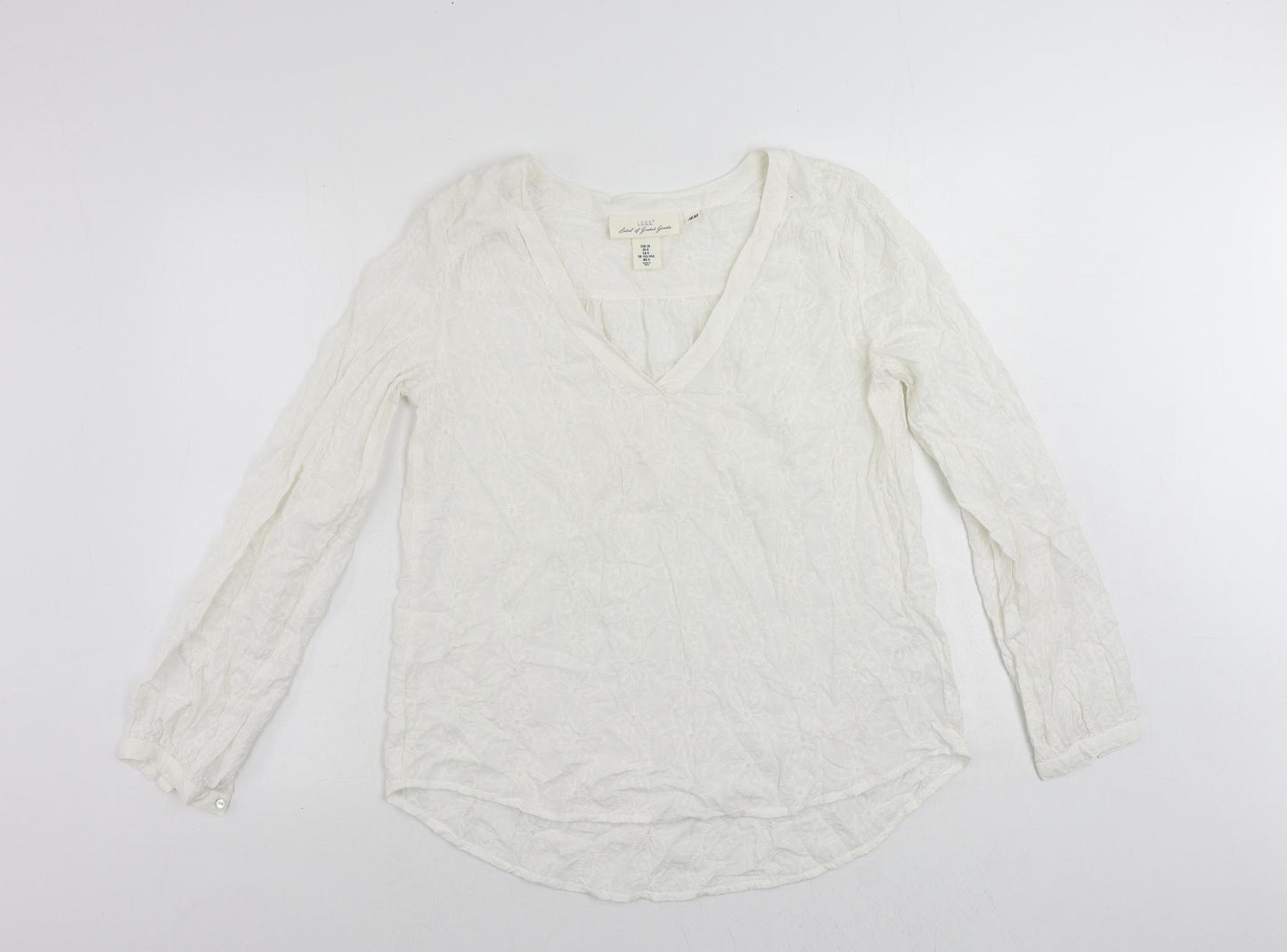 H&M Womens White Viscose Basic Blouse Size 10 V-Neck - Embroidered