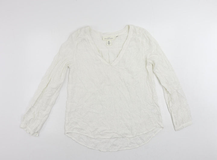 H&M Womens White Viscose Basic Blouse Size 10 V-Neck - Embroidered