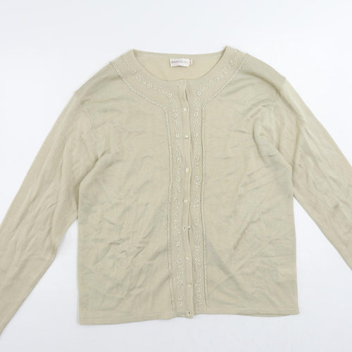 Bonmarché Womens Beige Round Neck Acrylic Cardigan Jumper Size L - Embroidered