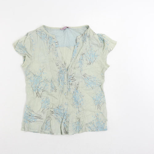 Monsoon Womens Green Floral Cotton Basic Button-Up Size 10 V-Neck