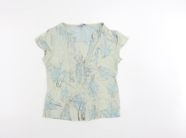 Monsoon Womens Green Floral Cotton Basic Button-Up Size 10 V-Neck