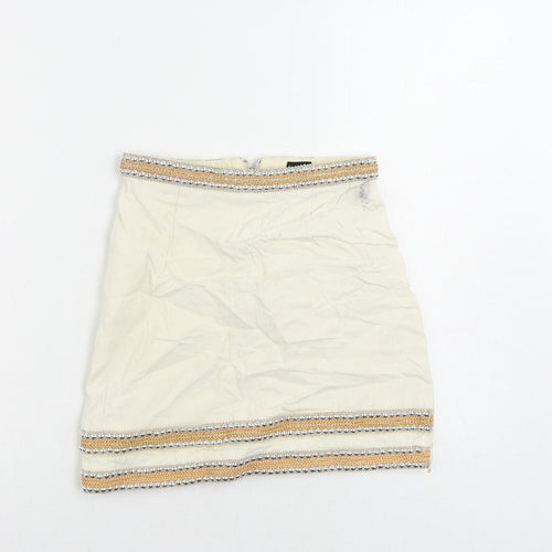 River Island Womens Ivory Cotton Mini Skirt Size 6 Zip - Beaded