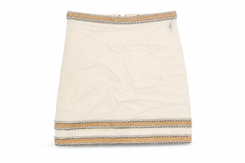 Front view of River Island women’s ivory cotton mini skirt, size UK 6, zip - beaded