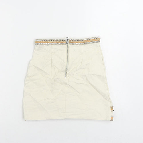 River Island Womens Ivory Cotton Mini Skirt Size 6 Zip - Beaded