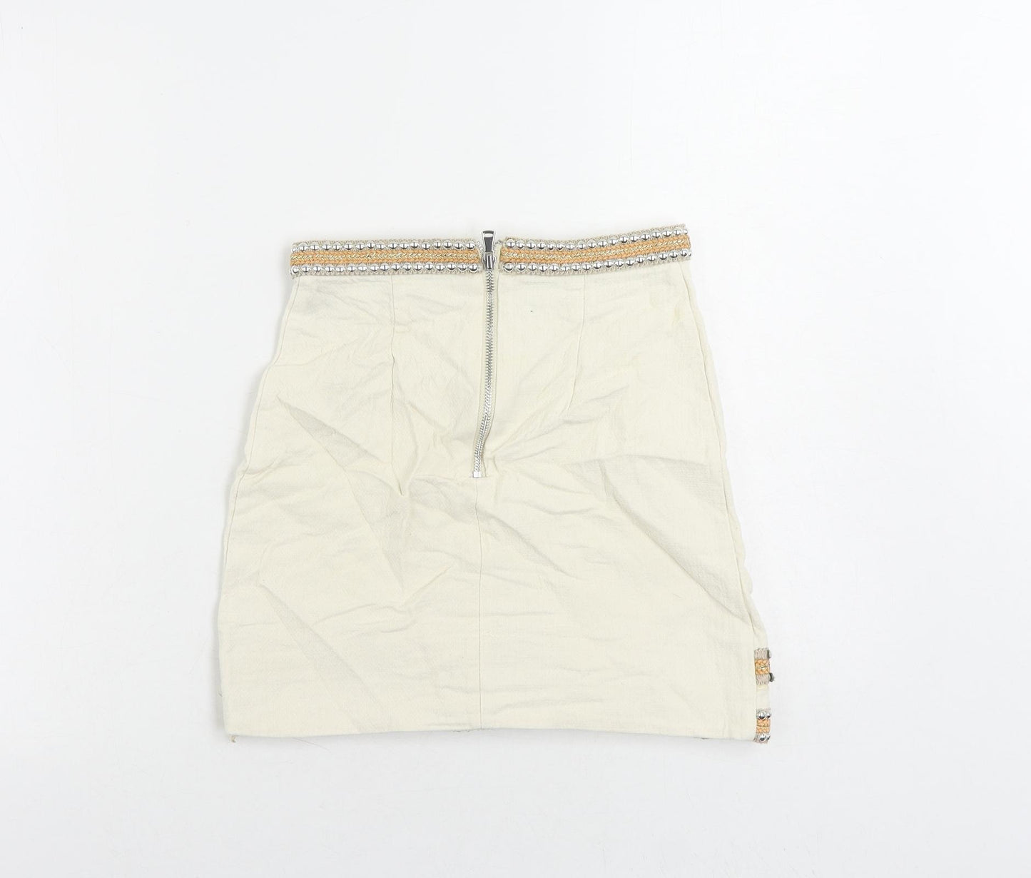 River Island Womens Ivory Cotton Mini Skirt Size 6 Zip - Beaded