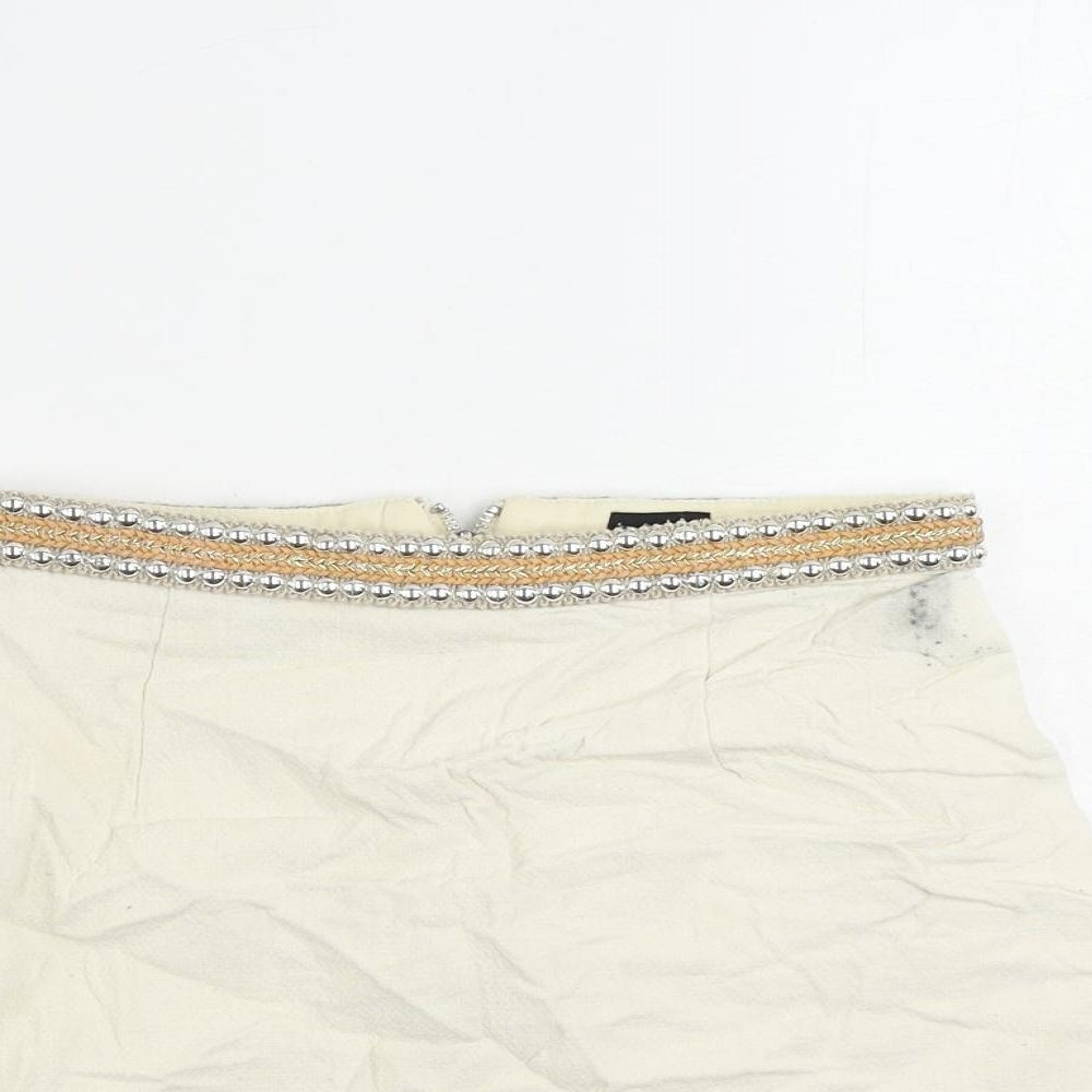 River Island Womens Ivory Cotton Mini Skirt Size 6 Zip - Beaded