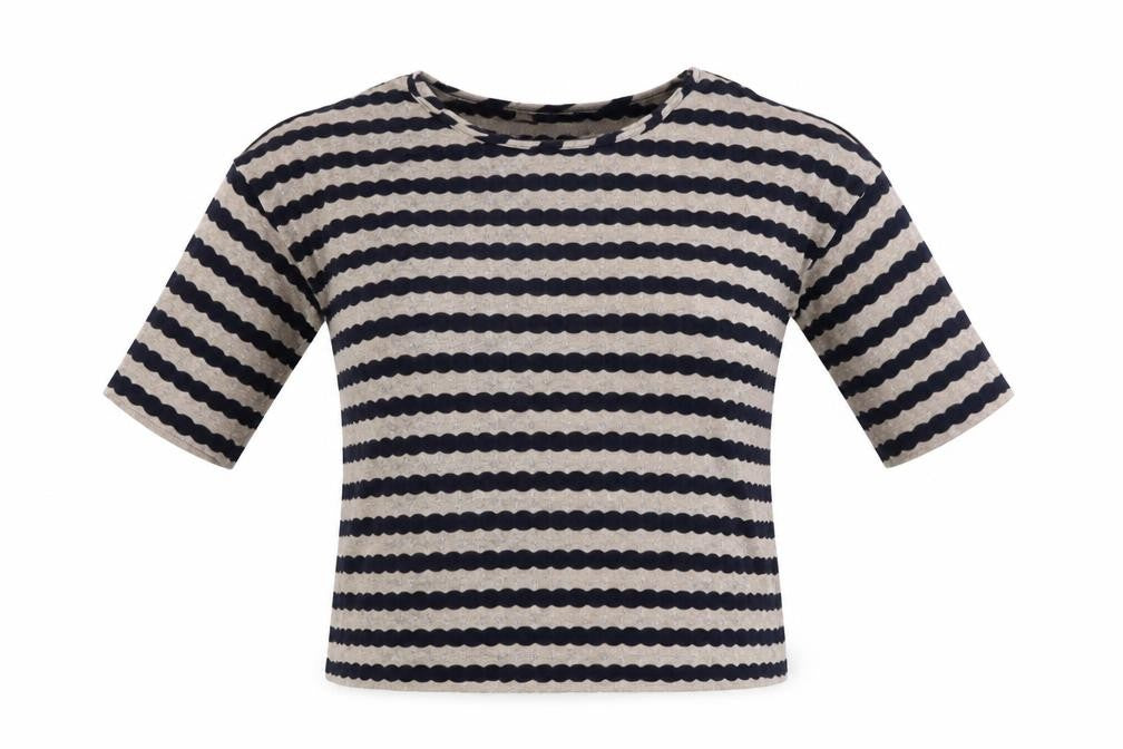 Front view of Oasis women’s blue striped polyester basic t-shirt, size S, boat neck