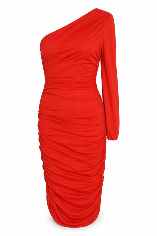 Front view of Zara women’s red polyester bodycon, size M, square neck pullover - ruched