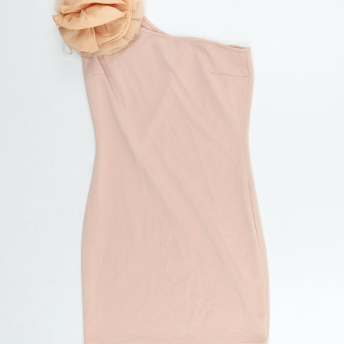 Rare Womens Pink Polyester Mini Size 10 One Shoulder Pullover - Flower Detail