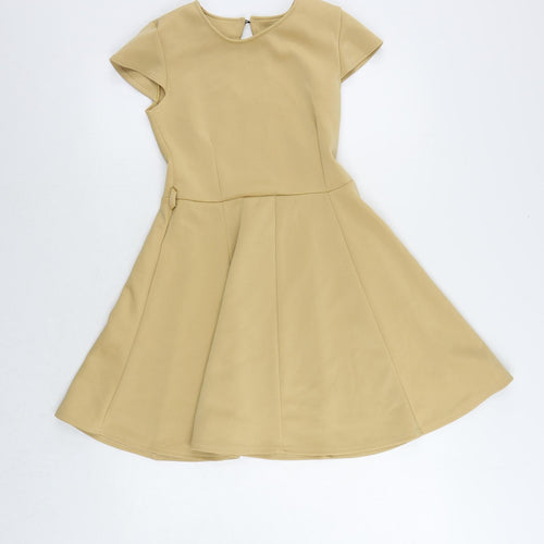 Love Label Womens Beige Polyester Skater Dress Size 10 Round Neck Button