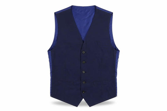 Front view of Marks & Spencer men’s blue polyester jacket suit waistcoat, size 38, regular
