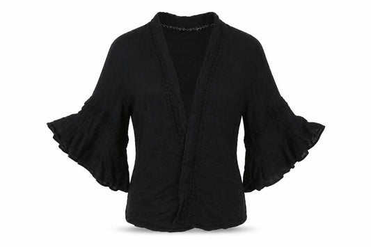 Front view of ASOS women’s black cotton kimono blouse, size UK 8, v-neck - open