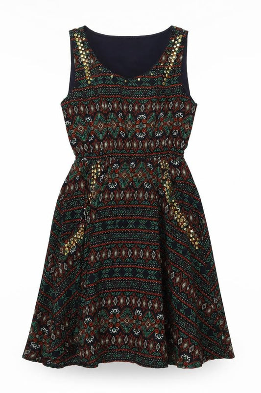 Front view of Apricot women’s multicoloured geometric polyester a-line, size UK 12, round neck pullover