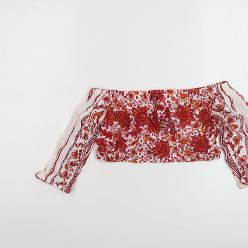 Khushi Womens Red Geometric Viscose Cropped Blouse Size S Square Neck