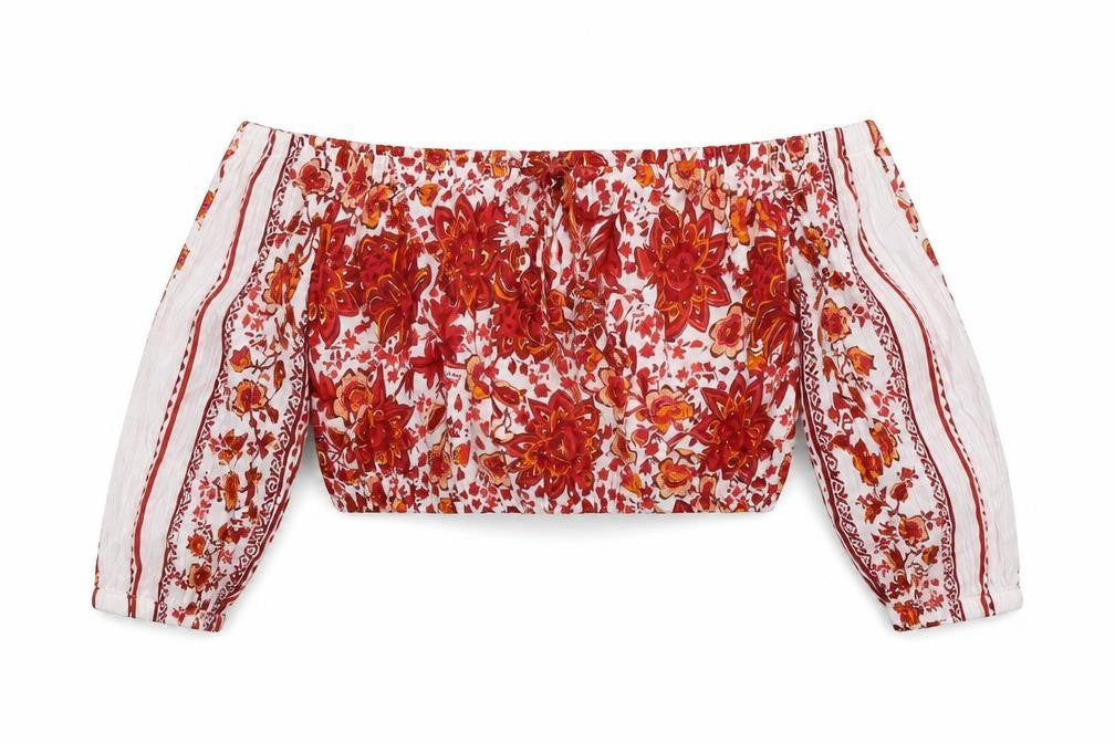 Front view of Khushi women’s red geometric viscose cropped blouse, size S, square neck