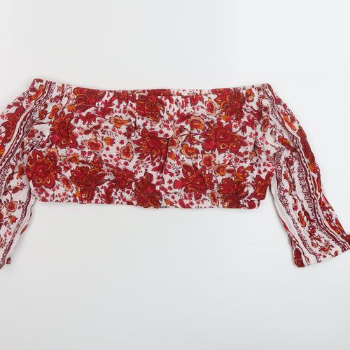 Khushi Womens Red Geometric Viscose Cropped Blouse Size S Square Neck