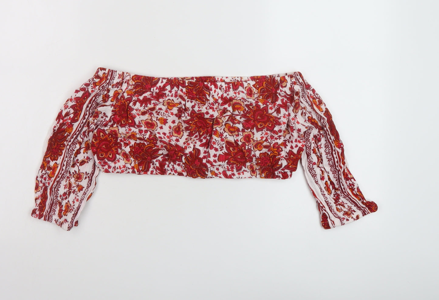 Khushi Womens Red Geometric Viscose Cropped Blouse Size S Square Neck
