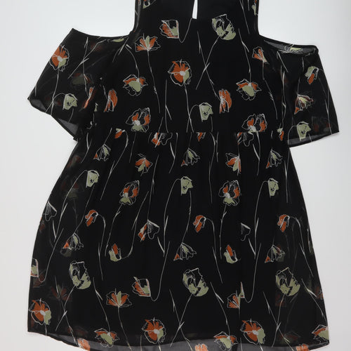 Netc Womens Black Floral Polyester A-Line Size 12 Round Neck Button
