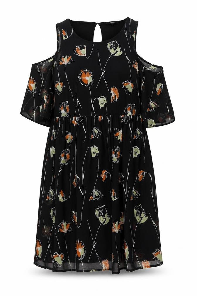 Front view of Netc women’s black floral polyester a-line, size UK 12, round neck button