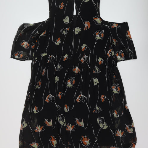 Netc Womens Black Floral Polyester A-Line Size 12 Round Neck Button