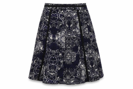 Front view of Debenhams women’s blue geometric linen a-line skirt, size UK 12, zip