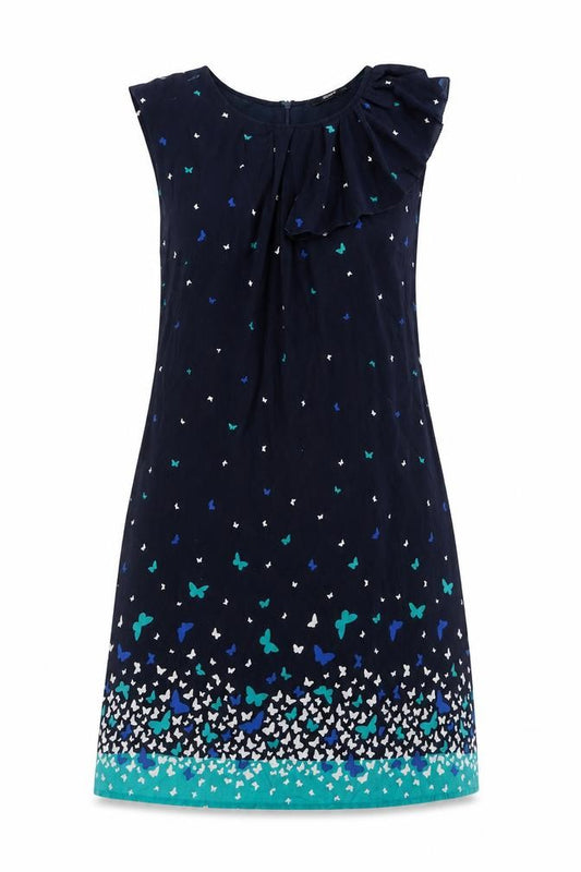 Front view of Oasis women’s blue geometric cotton a-line, size UK 12, round neck zip