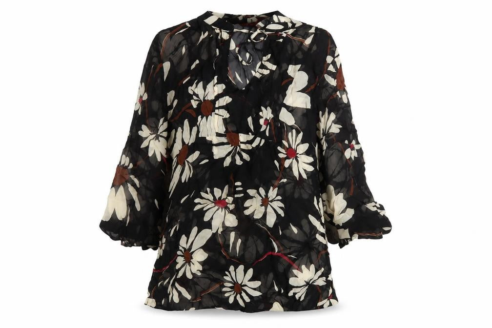 Front view of Monsoon women’s black floral polyester basic blouse, size UK 8, round neck