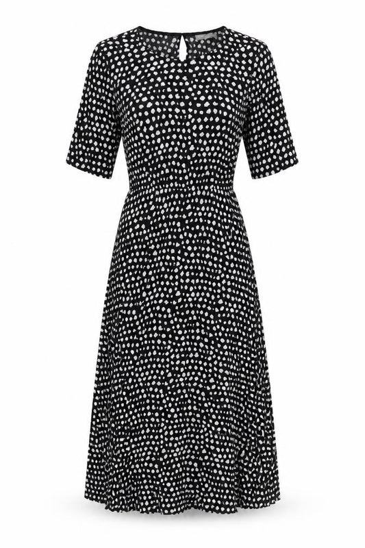 Front view of ASOS women’s black geometric polyester a-line, size UK 8, round neck button