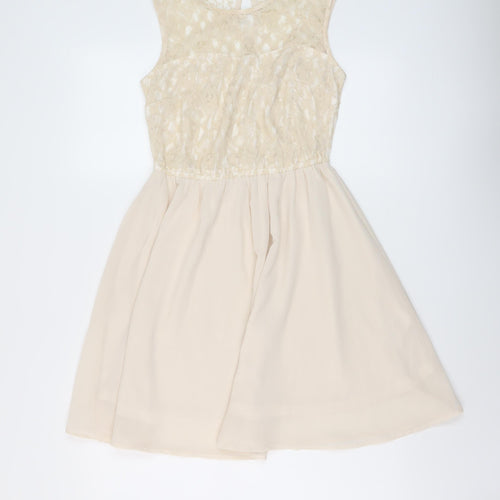 H&M Womens Beige Polyester A-Line Size 10 Round Neck Button