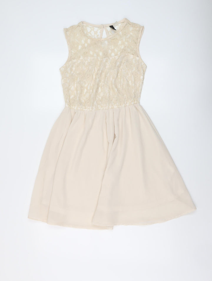 H&M Womens Beige Polyester A-Line Size 10 Round Neck Button