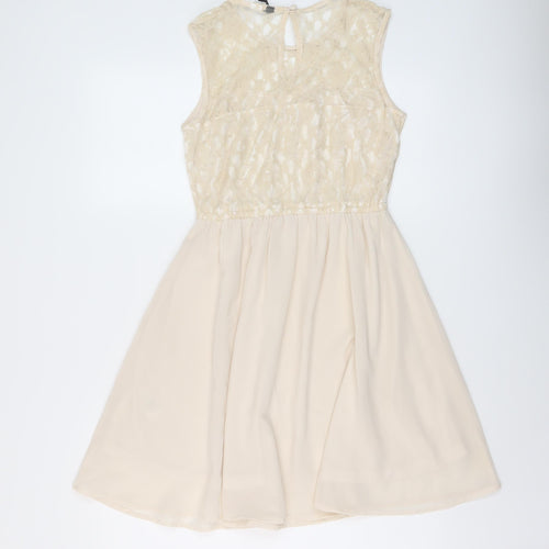 H&M Womens Beige Polyester A-Line Size 10 Round Neck Button