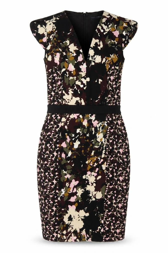 Front view of French Connection women’s multicoloured geometric cotton sheath, size UK 10, v-neck zip