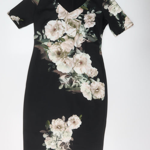 Dorothy Perkins Womens Black Floral Polyester Sheath Size 12 V-Neck Zip