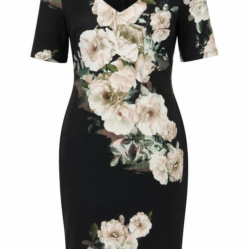 Dorothy Perkins Womens Black Floral Polyester Sheath Size 12 V-Neck Zip