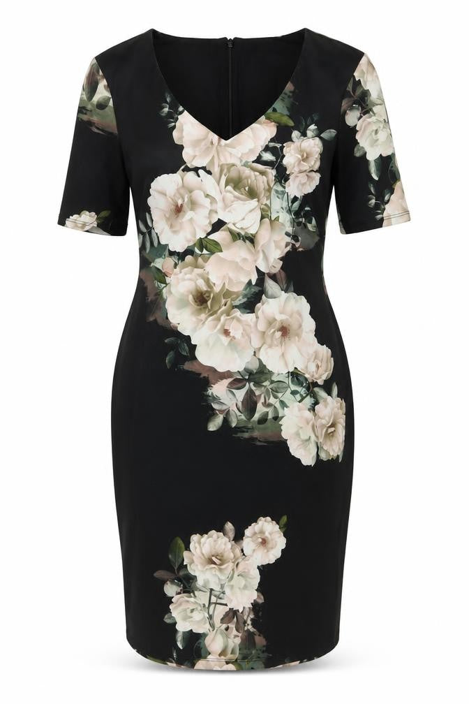 Dorothy Perkins Womens Black Floral Polyester Sheath Size 12 V-Neck Zip