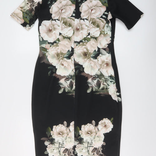 Dorothy Perkins Womens Black Floral Polyester Sheath Size 12 V-Neck Zip
