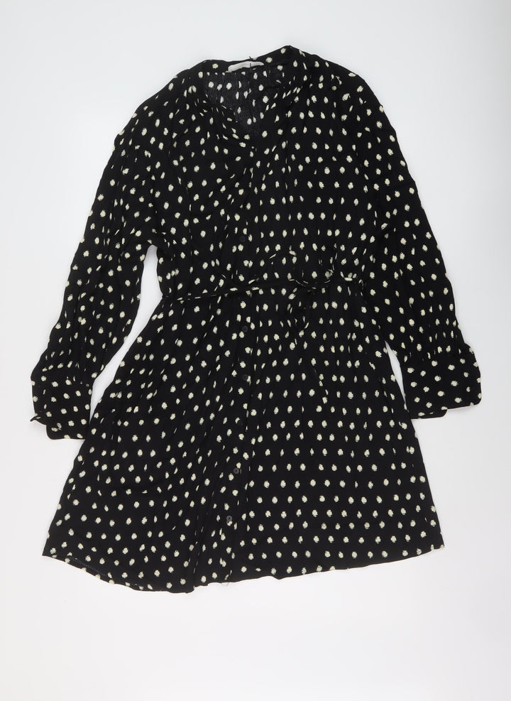 Mango Womens Black Geometric Viscose A-Line Size XS V-Neck Button