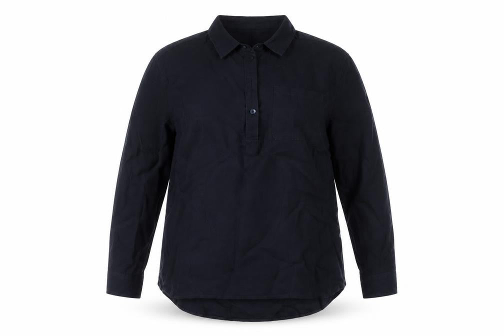 Front view of Bayrue women’s blue polyester basic blouse, size 2XL, collared