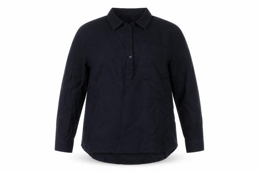Front view of Bayrue women’s blue polyester basic blouse, size 2XL, collared