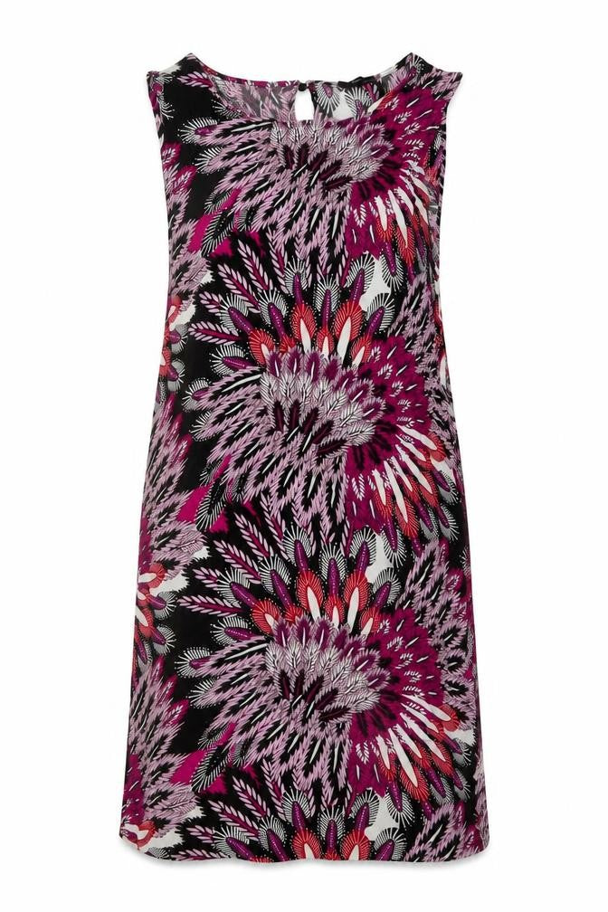 Front view of M&Co women’s multicoloured geometric viscose trapeze & swing, size UK 12, round neck pullover