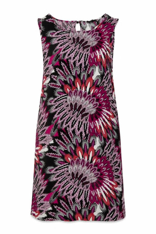 Front view of M&Co women’s multicoloured geometric viscose trapeze & swing, size UK 12, round neck pullover