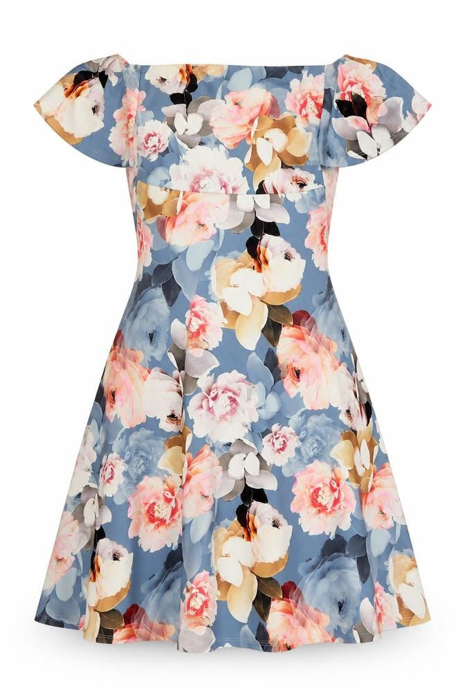 Front view of Very women’s multicoloured floral polyester a-line, size UK 14, square neck zip