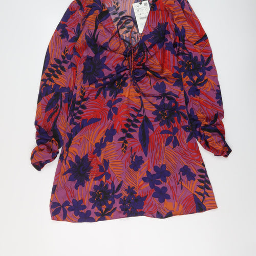 Zara Womens Multicoloured Floral Polyester Mini Size S V-Neck Zip