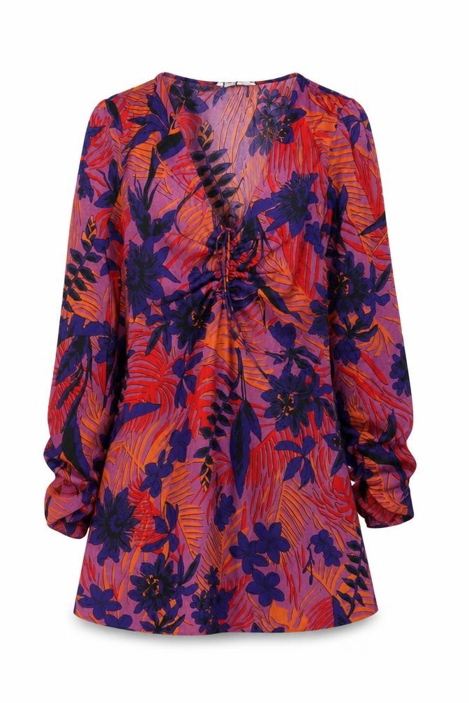 Front view of Zara women’s multicoloured floral polyester mini, size S, v-neck zip