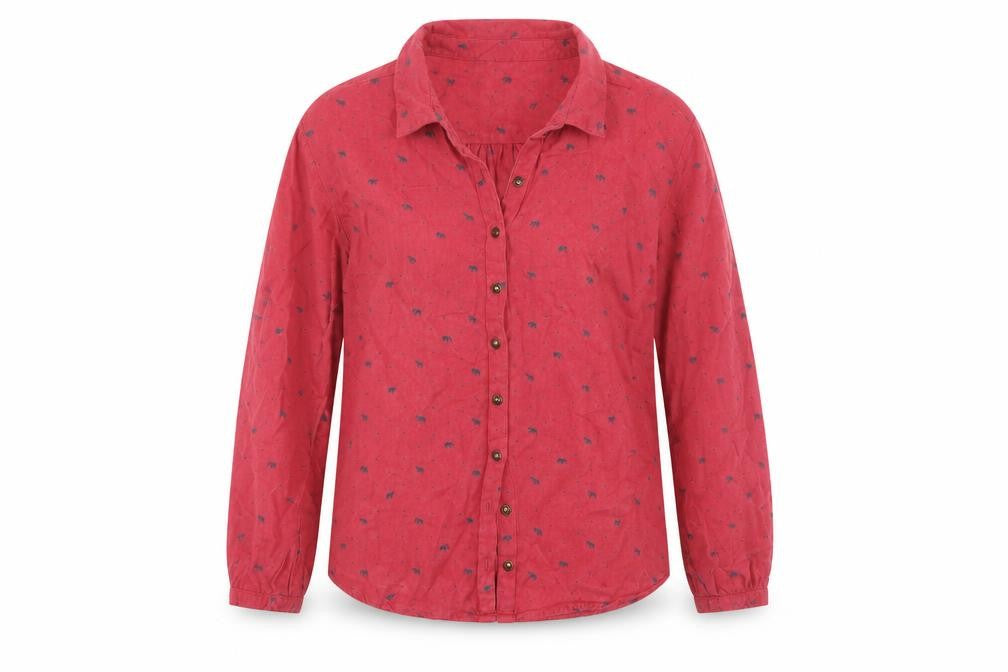 Front view of Nomads women’s pink geometric viscose basic blouse, size UK 10, collared