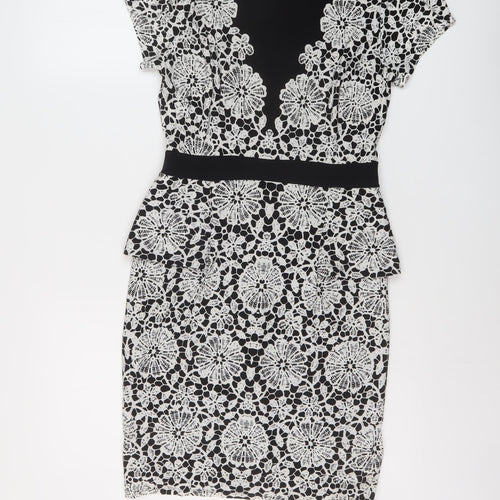 Marks and Spencer Womens Black Geometric Polyester Bodycon Size 8 Round Neck Zip
