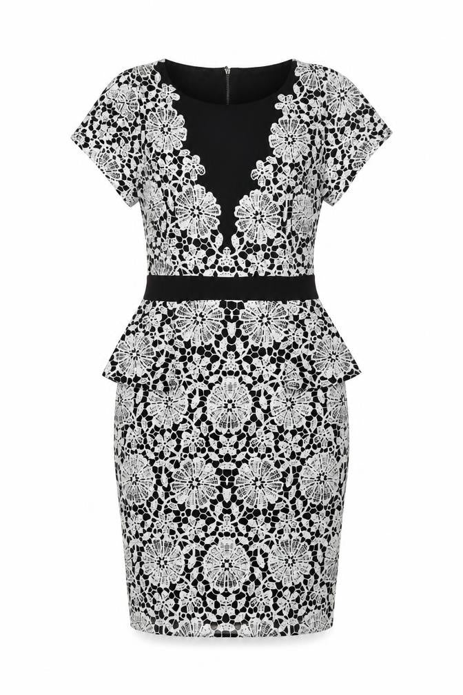 Front view of Marks & Spencer women’s black geometric polyester bodycon, size UK 8, round neck zip