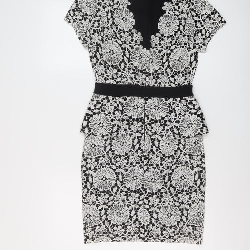 Marks and Spencer Womens Black Geometric Polyester Bodycon Size 8 Round Neck Zip