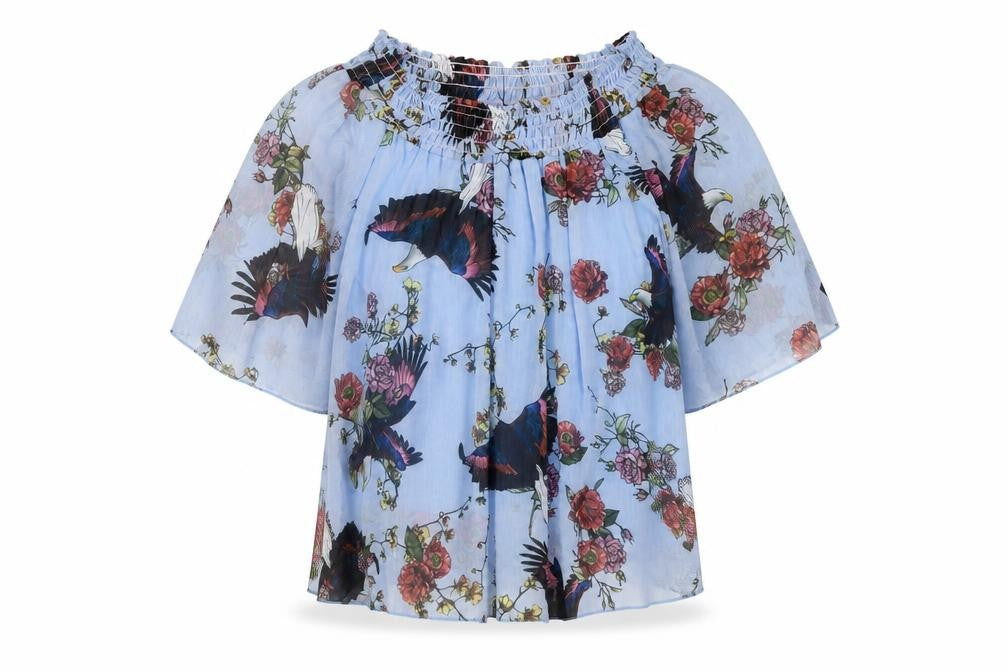 Front view of Fox women’s blue floral polyester basic blouse one size square neck