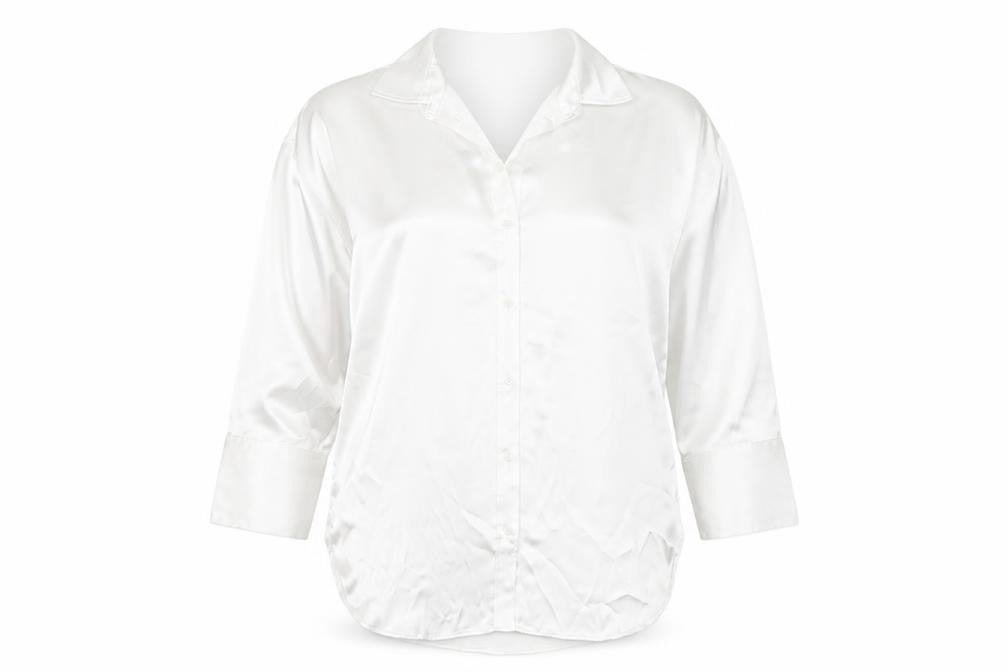 Front view of H&M women’s white polyester basic blouse, size M, collared